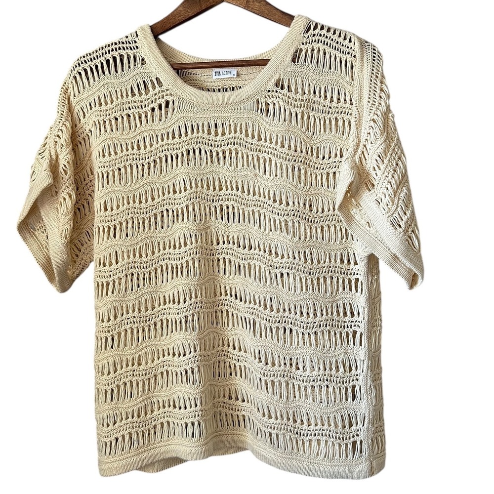 ZYIA ACTIVE Cream Knit Crochet Sweater Top Shirt Size S